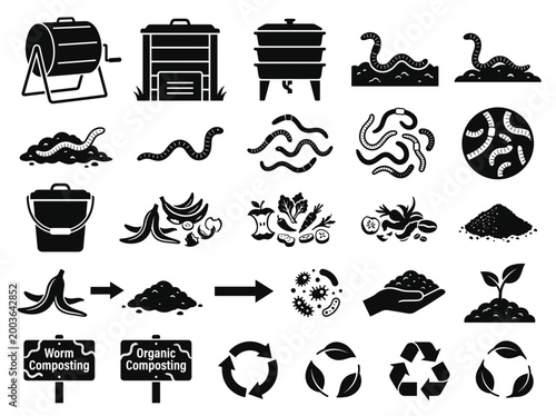 Composting Icons: Illustrative Collection of Compost and Worm Farming Elements, perfect for environmental themes.  