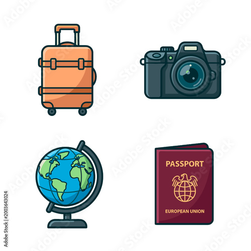 Travel essentials: suitcase, camera, globe, and passport. All are prepared for an unforgettable journey