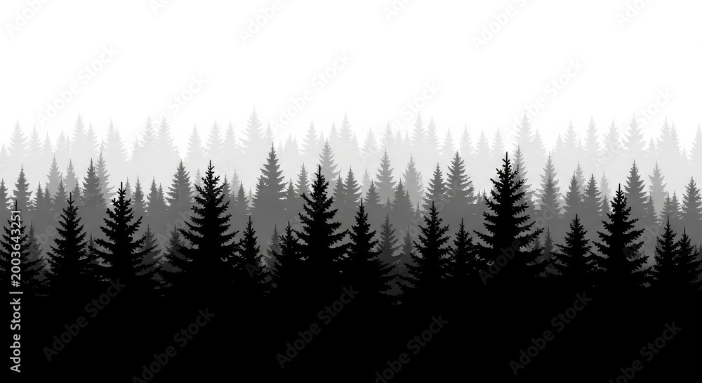 Obraz premium Pine forest silhouettes create layers of depth against a plain white background.