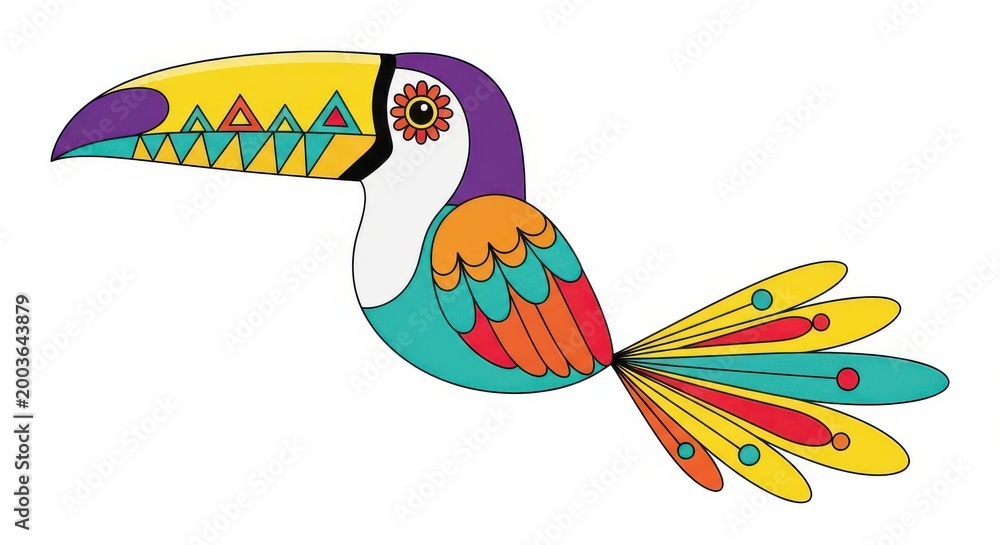 Fototapeta premium Stylized toucan bird illustration features vibrant geometric patterns and colorful plumage.