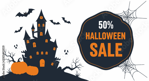 Fotografie Halloween Sale 50% Off Haunted House Bats Pumpkin Spiderweb Discount Graphic