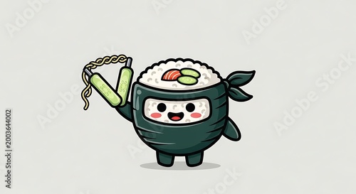 A cartoon sushi roll, dressed as a ninja, joyfully brandishing nunchucks, set against a neutral, plain background