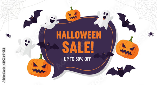Halloween Sale Banner with Ghosts, Bats and Pumpkins - 50% Off