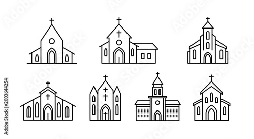 Collection of church building line art icons, representing diverse architectural styles of religious structures