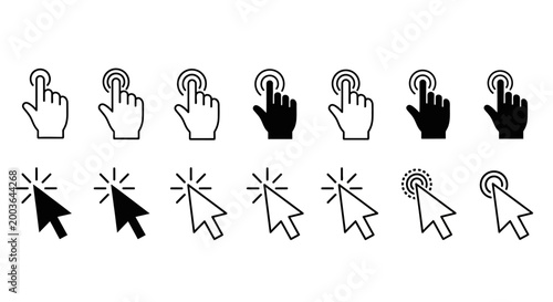 Diverse collection of interactive cursor icons, including pointing hands and arrow pointers, symbolizing digital click and touch actions for modern UI/UX design