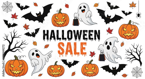 Halloween Sale Banner with Ghosts, Pumpkins, Bats, and Spiders