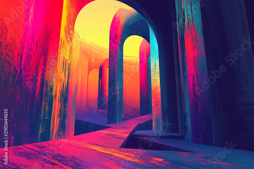 Dreamlike architecture with arch door, psychedelic gradients, and glowing runes. Abstract and surreal digital art with Vibrant colors