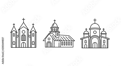 Canvastavla Three different styles of religious buildings, a collection of church line art i