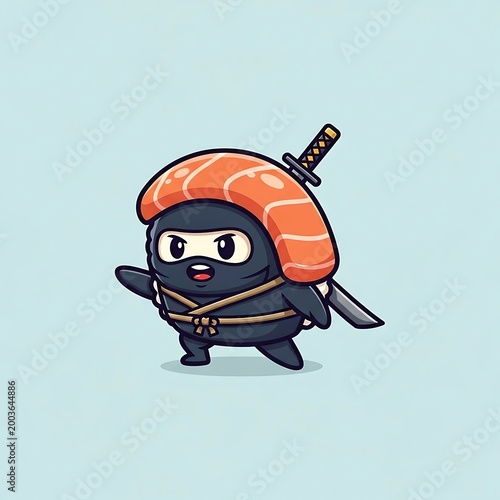 A cartoon sushi roll ninja with a salmon topping, wearing a black ninja suit, and carrying a katana, set against a light blue backdrop