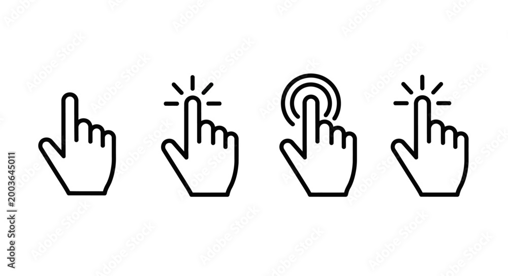 Obraz premium Collection of four hand cursor icons representing clicking, tapping, and selection actions in digital interfaces