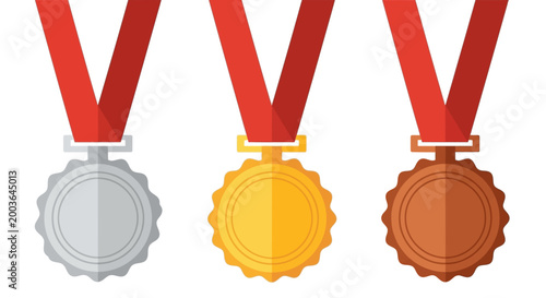 Three award medals for first, second, and third place winners in a competition or event, with red ribbons