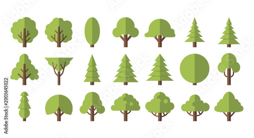 Set of various green stylized trees and coniferous trees in a flat design style