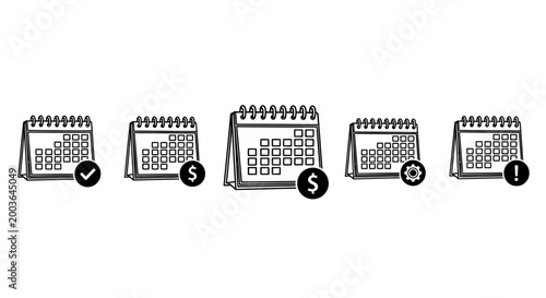 A series of five calendar icons, each displaying a different status indicator like a checkmark, dollar sign, or exclamation mark