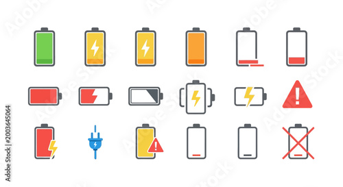 Comprehensive vector illustration set of battery level indicators displaying various charge states, from full to empty, including charging, warning, and error icons for digital interface design