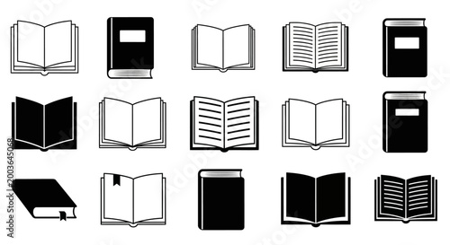 Collection of various open and closed books, illustrating literature, knowledge, and reading in a simple black and white graphic style