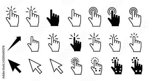 Set of various cursor icons in black and white, representing computer mouse pointers and hand click symbols for web design and user interface elements