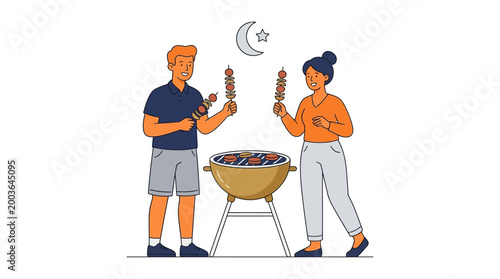 Couple grilling kebabs outdoors with a crescent moon and star illustration