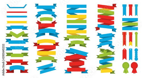 A versatile collection of modern flat design vector ribbons, banners, and labels in various shapes, perfect for graphic design projects, promotions, and web elements