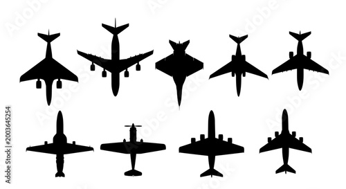 A versatile collection of black silhouette airplane icons, showcasing diverse aircraft models suitable for aviation, travel, and global transport graphic design