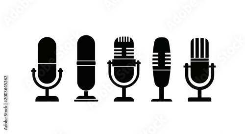 Diverse collection of sleek black microphone silhouettes, symbolizing audio recording, broadcasting, and podcasting essentials for digital media