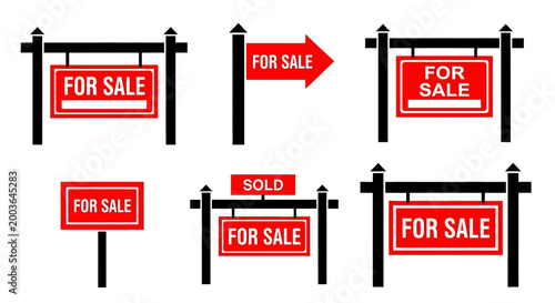 Collection of real estate signs for sale and sold, symbolizing property transactions and home ownership