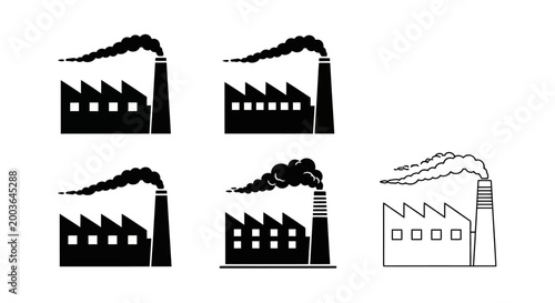 A set of monochrome vector icons depicting industrial factory buildings with smoke plumes, symbolizing environmental pollution and manufacturing processes
