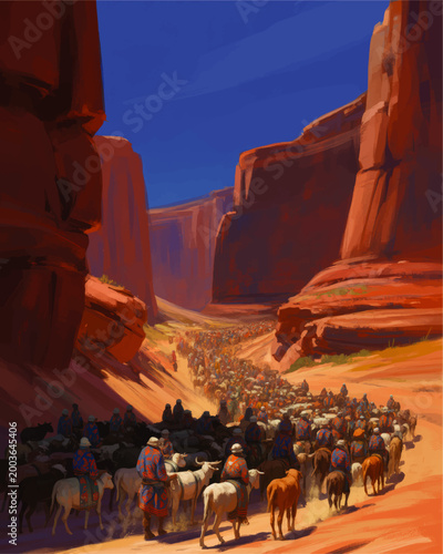 Vast Desert Canyon Caravan Painting with Nomads Herding Livestock Through Red Sandstone Cliffs Under Blue Sky