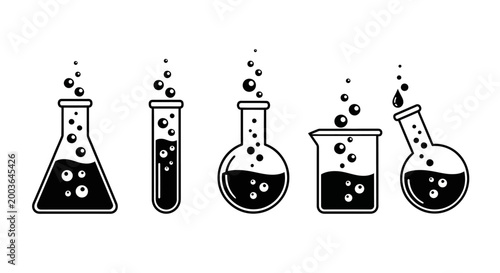 Set of laboratory glassware with bubbling liquids, representing scientific experiments and chemical reactions