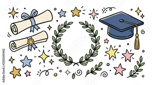 Celebration of Academic Achievement Featuring Graduation Cap Diplomas and Laurels