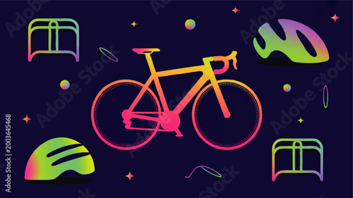 Neon gradient road bicycle with abstract helmets and bike locks on dark background, vibrant cycling illustration