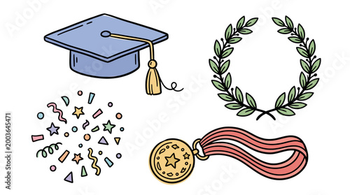 Celebrating Academic Achievement with Cap, Medal, Laurels and Confetti Illustration