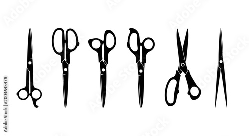 Set of vector black scissor silhouettes, featuring various types of sharp cutting tools for professional tailoring, creative crafting, and essential household tasks