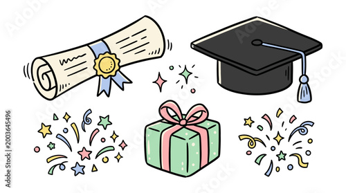 Celebration of Academic Achievement Featuring Diploma, Cap, Gift, and Festive Decorations in a Colorful Illustration