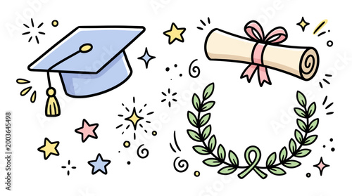 Celebration of Academic Achievement with a Graduation Cap, Diploma, and Laurel Wreath Illustration