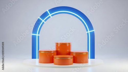 Orange cylinders and blue archway arrangement.