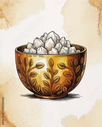 Hand Drawn Golden Decorative Bowl Filled with White Crystals on Soft Beige Watercolor Background, Vintage Botanical Illustration