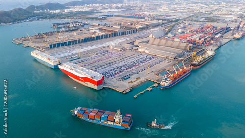 Photos major commercial port with Ro-Ro ships, container vessels, and a massive automotive logistics parking lot