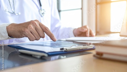 Doctor using a tablet for medical records and patient information on desk