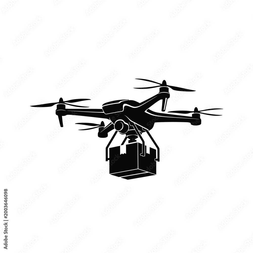 Obraz premium A black silhouette of a drone carrying a box against a white background.
