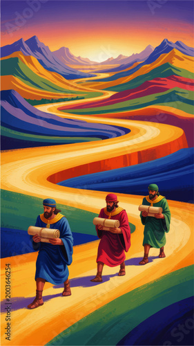 Three Wise Men Journey Through Colorful Mountain Valley at Sunrise, Biblical Epiphany Illustration with Winding Golden Road