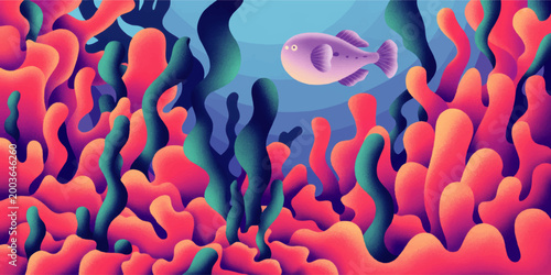 Colorful underwater coral reef illustration with tropical puffer fish, vibrant sea plants, marine habitat, and dreamy ocean scene