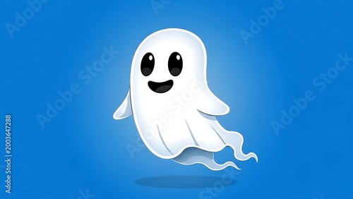 Smiling white cartoon ghost character.
