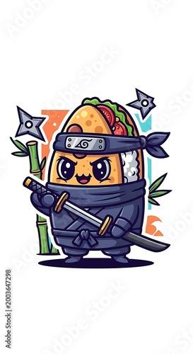 A cartoon taco, dressed as a ninja, stands ready with a katana. It is set against a bamboo background with shuriken