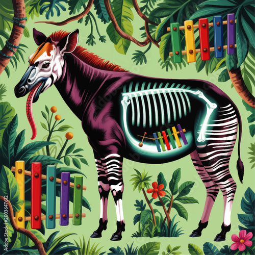 Colorful Okapi Anatomy Illustration in Tropical Jungle with Xylophone, Educational Wildlife Art, Musical Animal Poster Design