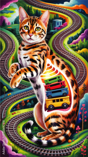 Surreal Bengal Cat with Toy Buses Inside Body on Winding Railway Tracks, Colorful Fantasy Animal Illustration Art