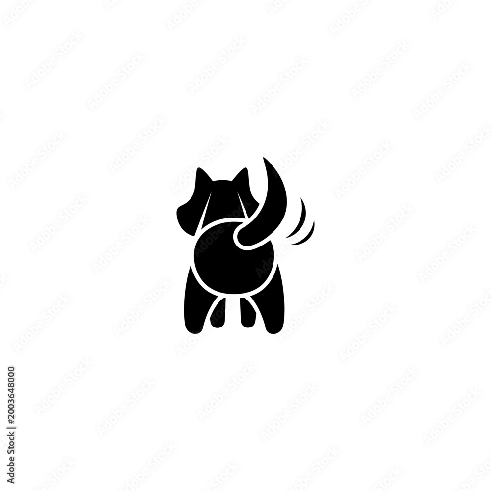 Obraz premium A lively black silhouette of a dog's rear view with a wagging tail, symbolizing happiness, excitement, welcome, and the expressive nature of a beloved pet on a white background.