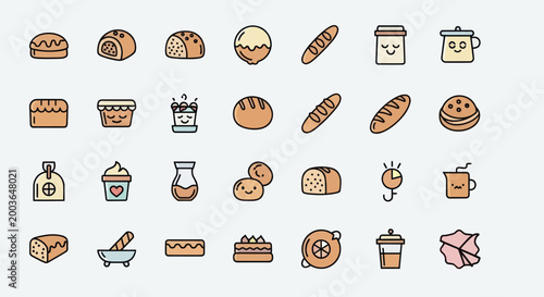 Bakery icons bread pastries drinks set