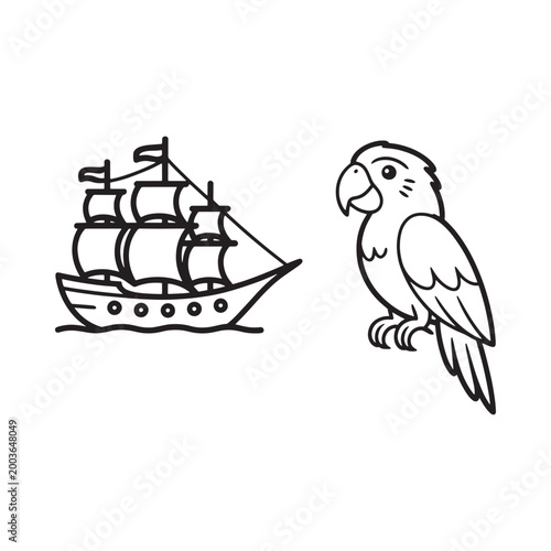 Sailing ship and parrot sketch black and white line drawing