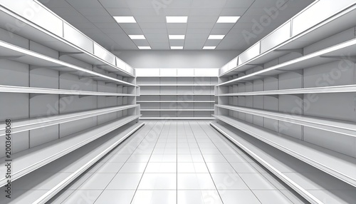 Empty Supermarket Aisles with Shelves and Lighting.