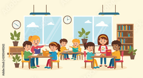 Fotografija A group of diverse young children are happily engaged in various learning activities like reading and drawing in a bright, modern classroom setting